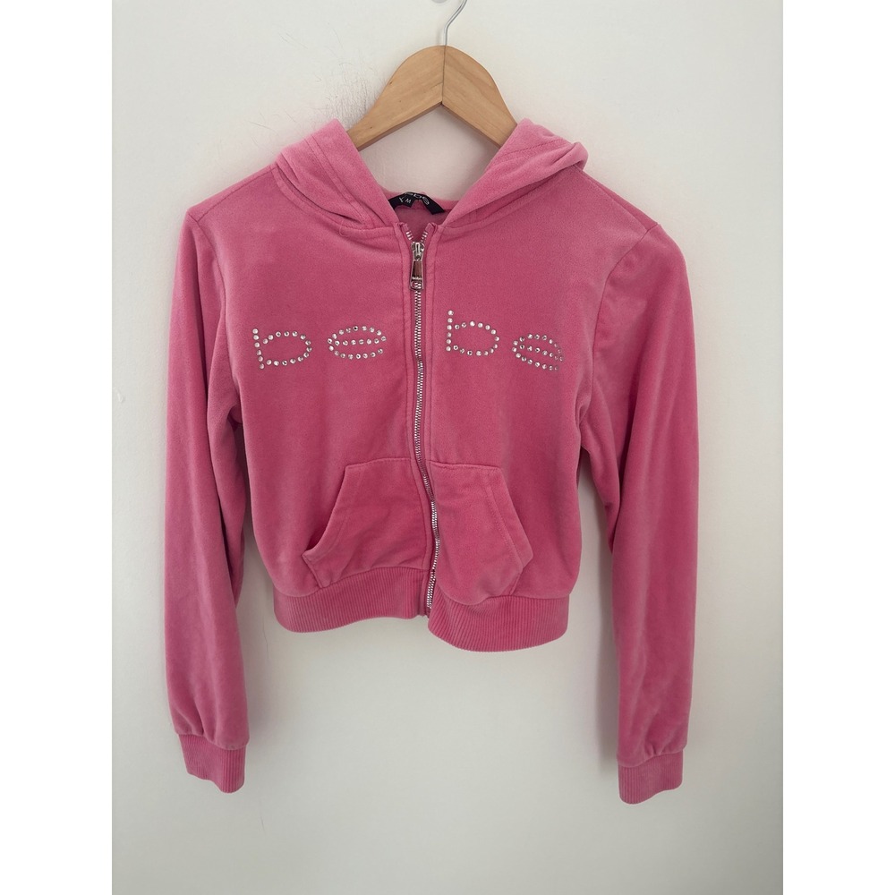 Bebe Pink Velour Cropped Hoodie Rhinestone Logo Zip Up Sweatshirt Mens M